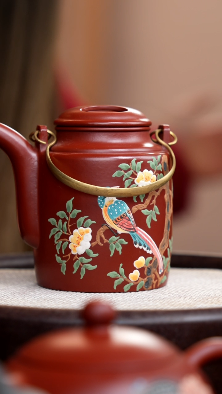 【闪购商品】紫砂茶壶朱泥洋桶泥绘蓝鸟