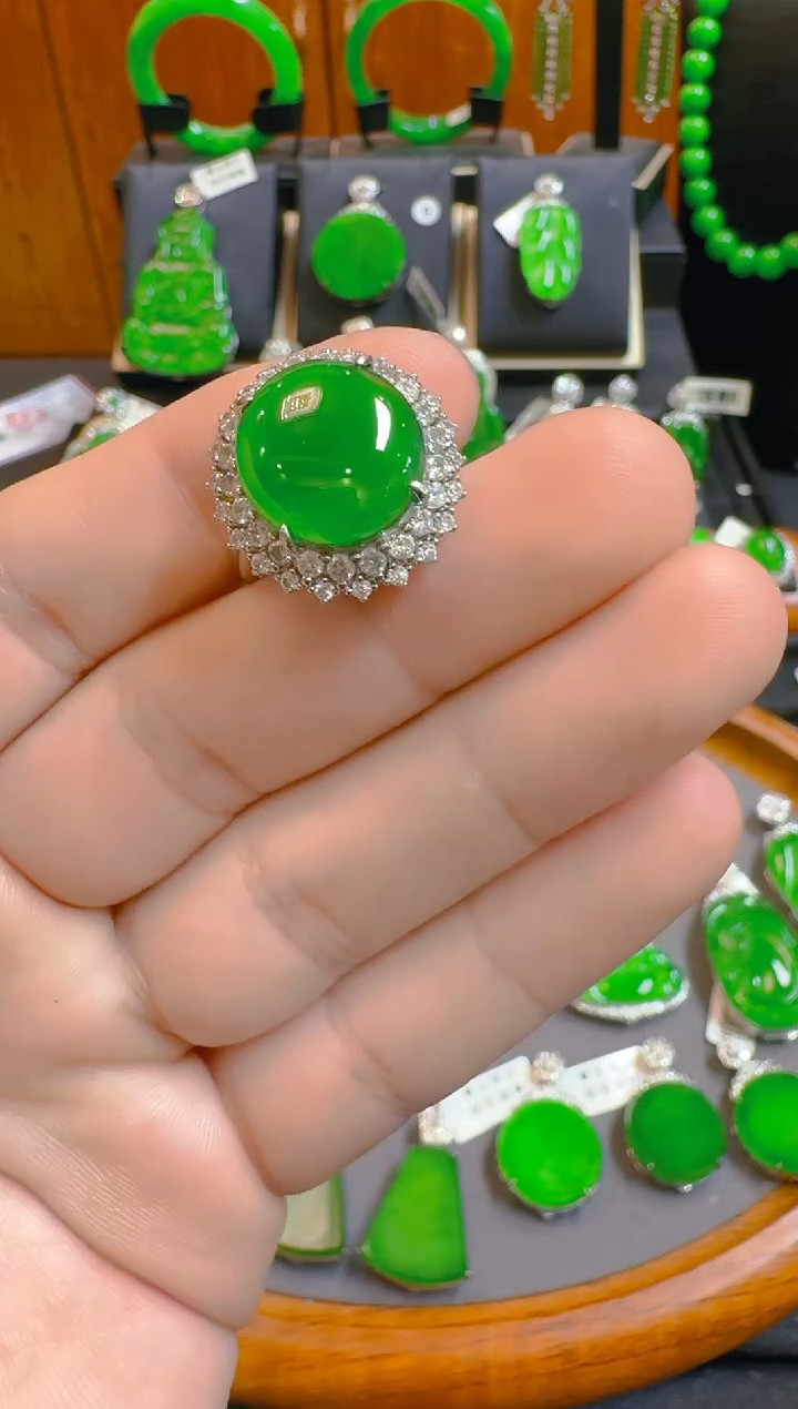 银S925镶嵌戒指翡翠天然A货翡翠