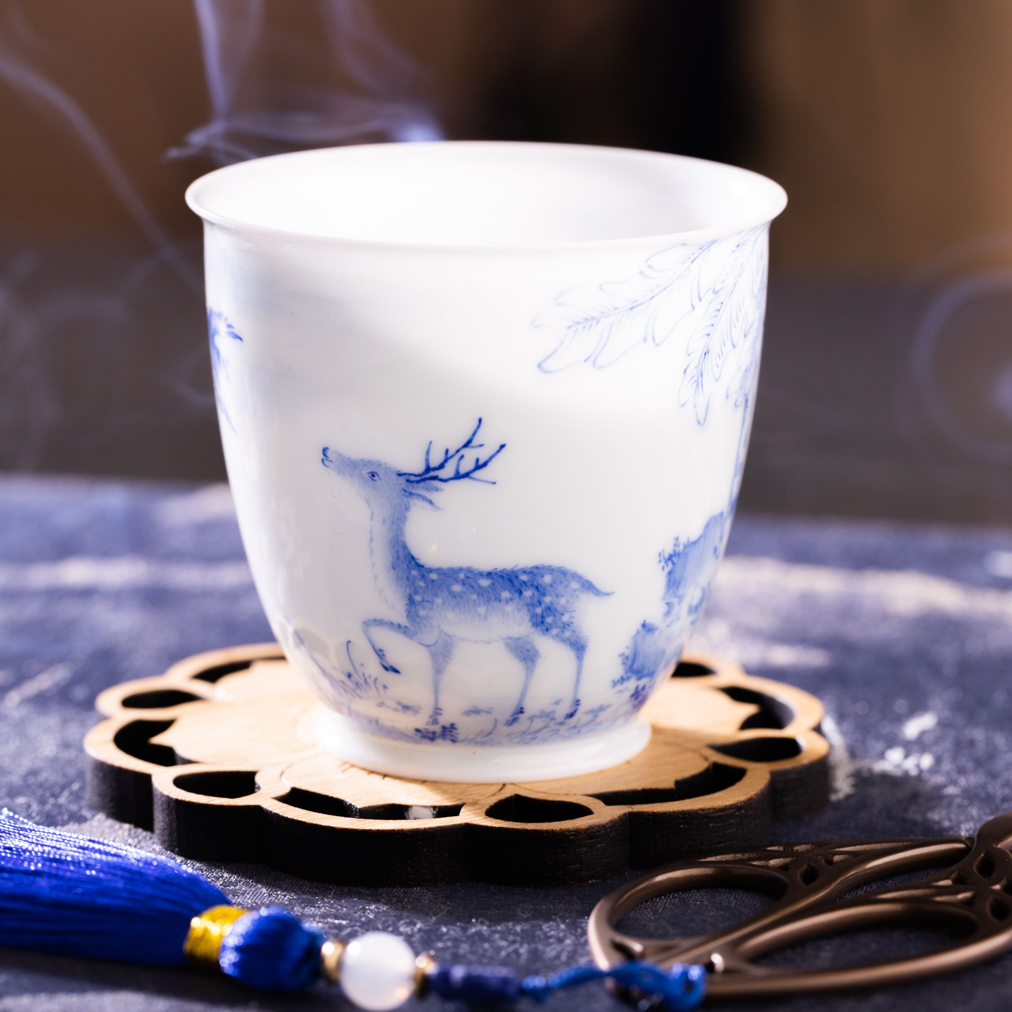 熊友根窑《呦呦鹿鸣》手握高杯纯手工主人杯白瓷陶瓷手绘描金