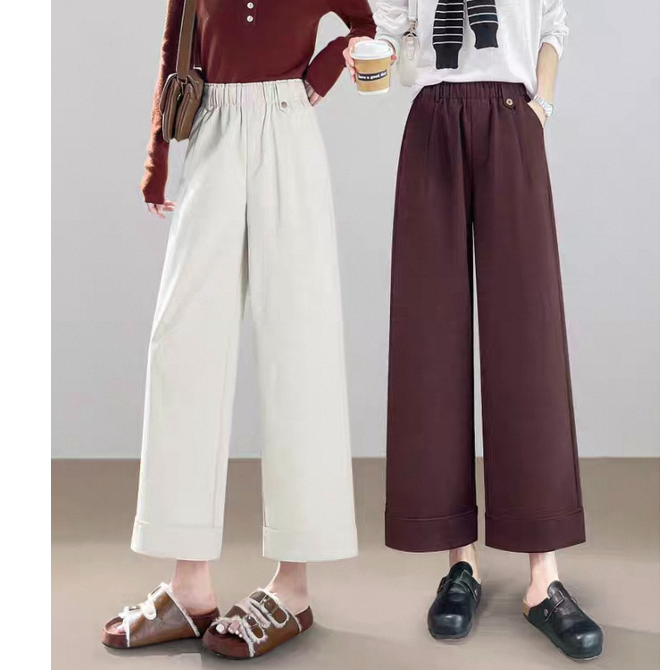 2207秋季窄版阔腿裤女新款中高腰时尚花苞腰休闲直筒裤