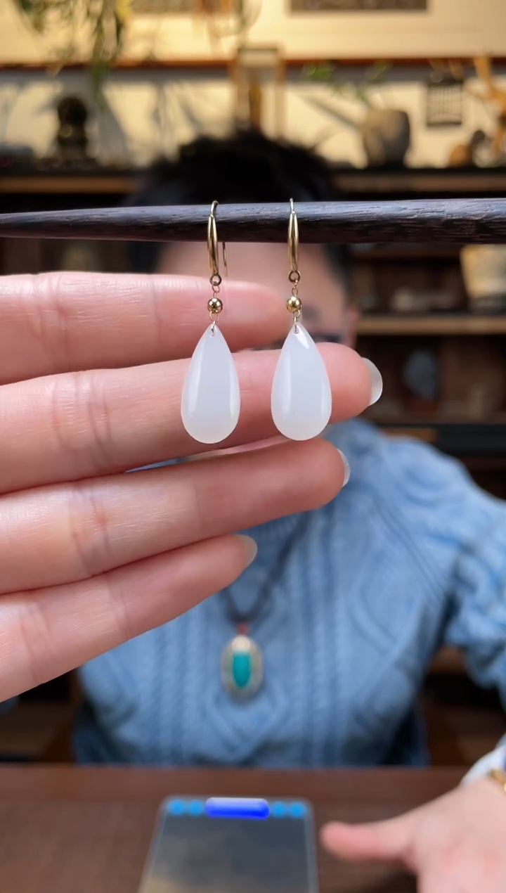 【闪购商品】和田玉耳勾18K金镶嵌18K金白玉耳勾*3MY