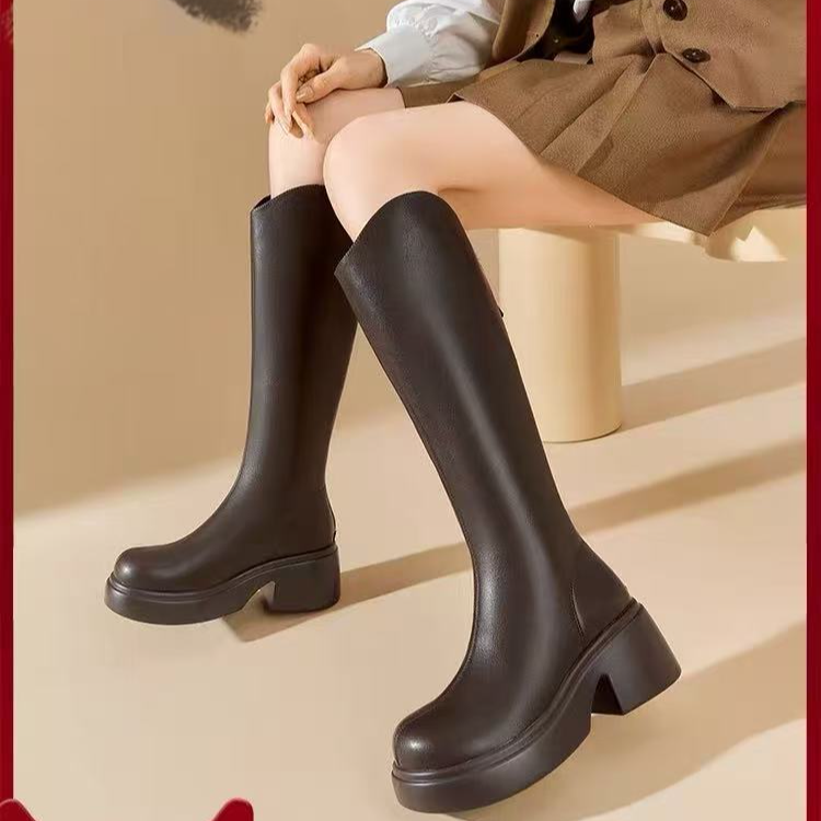 9909-1骑士靴女2024冬季新款英伦学院风长靴百搭不过膝粗跟长筒靴
