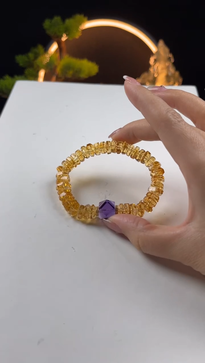 【闪购商品】水晶手链未镶嵌天然黄水晶烟花切搭紫八角珠手串9mm