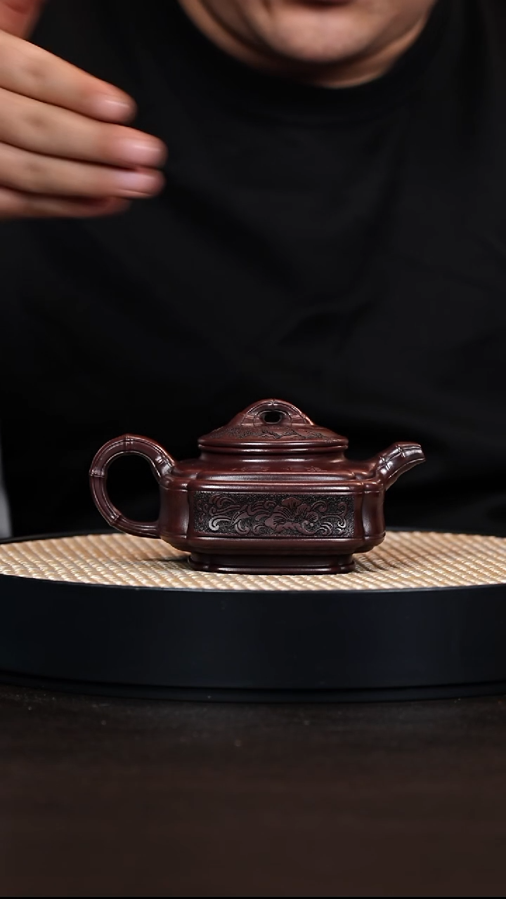 茶壶紫砂双线竹鼓 明红砂