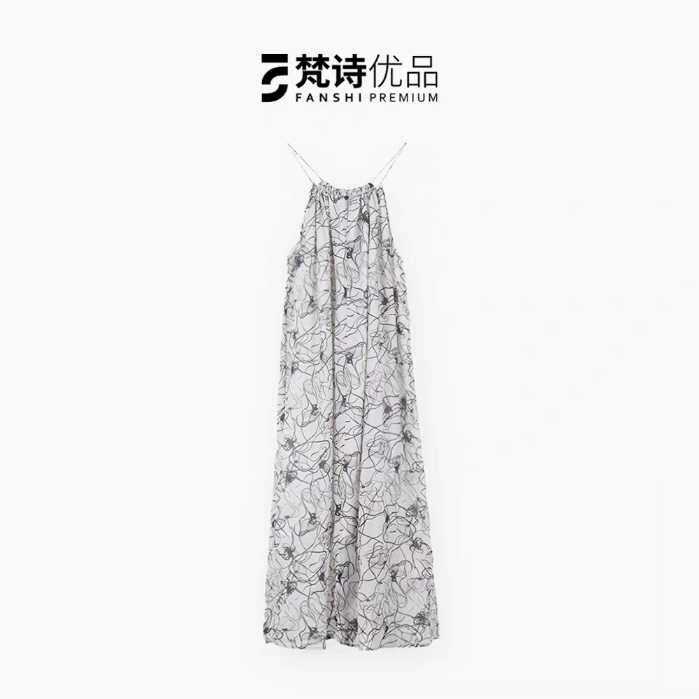 潮流黑白·法式度假手绘线条设计感清凉纤薄连衣裙