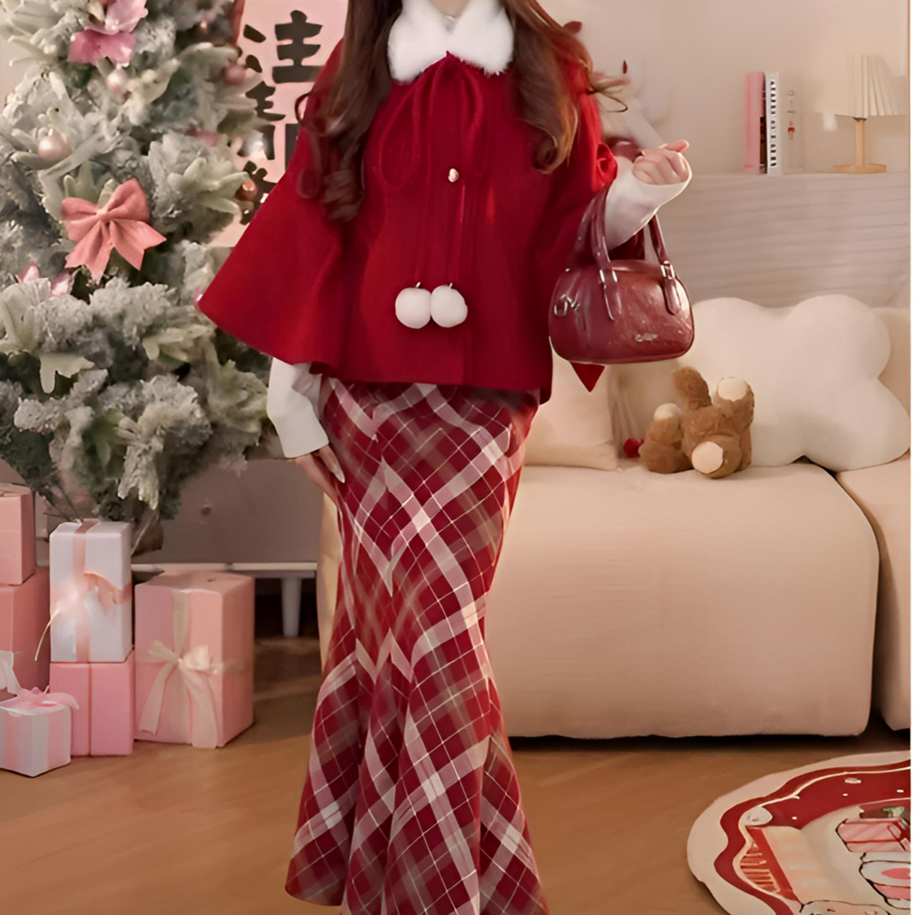 【初雪蛋糕】新年战袍套装女过年穿搭斗篷披肩外套格纹半身裙