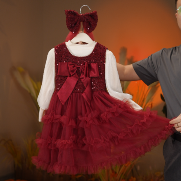 2025冬季新品女童加绒加厚蝴蝶结礼服裙子白色打底衫两件套