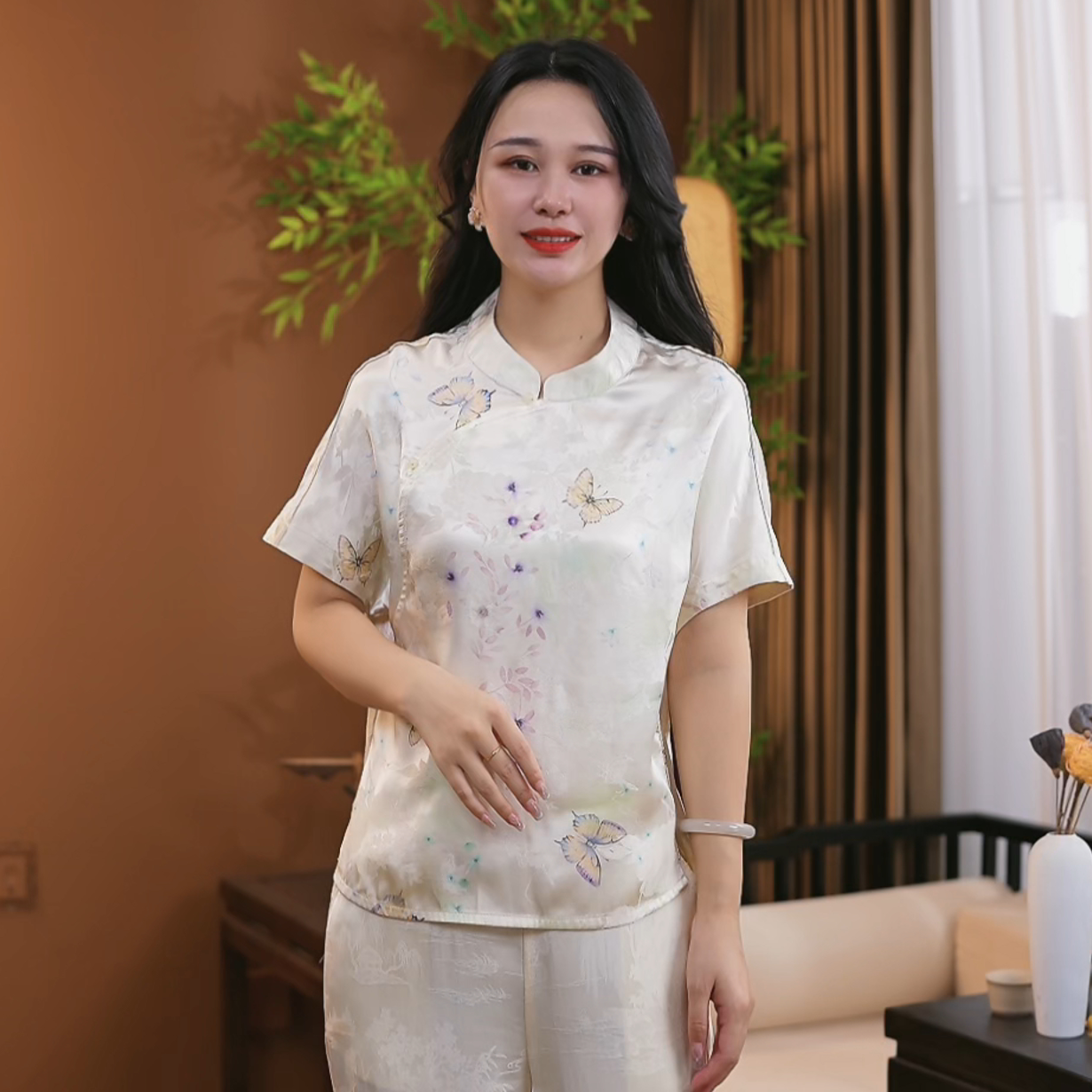 2025夏季新中式桑蚕丝旗袍领短袖时尚显瘦百搭中国风上衣女S234