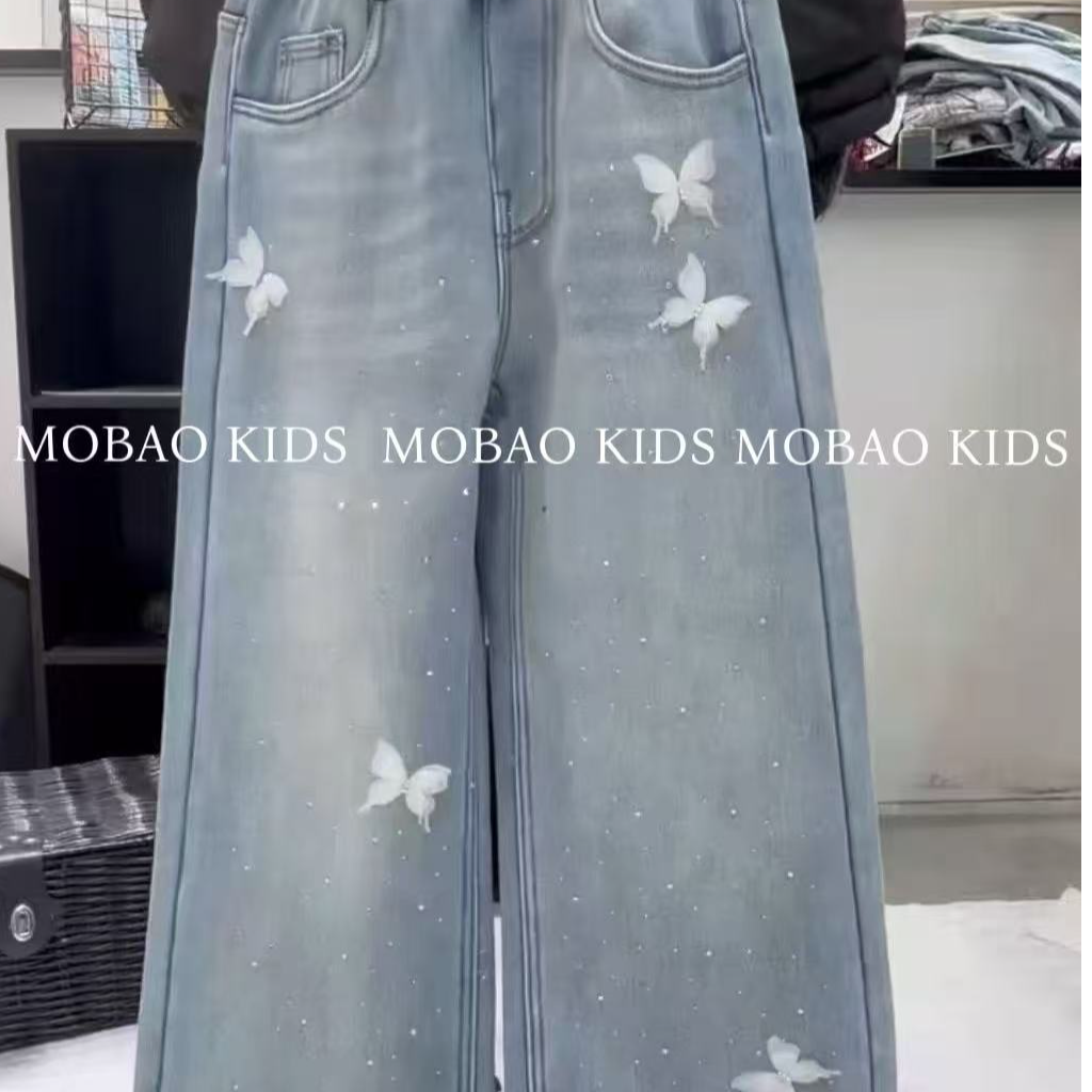 女中大童闪钻年款冬季儿童牛仔裤蓝色直筒裤子时尚百搭重工休闲