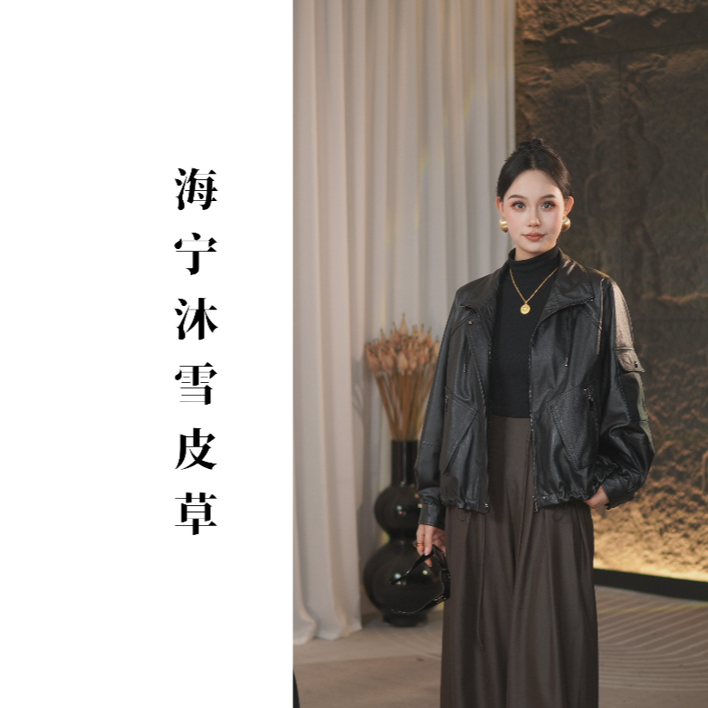 2613头层小牛皮短款时尚休闲女士黑色真皮复古翻领立领气质宽松