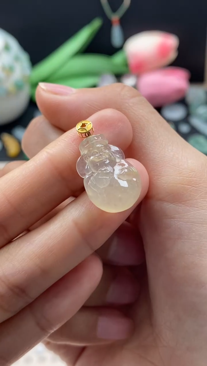 【闪购商品】翡翠颈饰18K金镶嵌翡翠冰黄财神吊坠