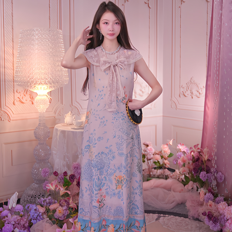 CHARFEN朝峰夏新款法式宫廷印花花卉立领连衣裙女CFG2D329-3051G