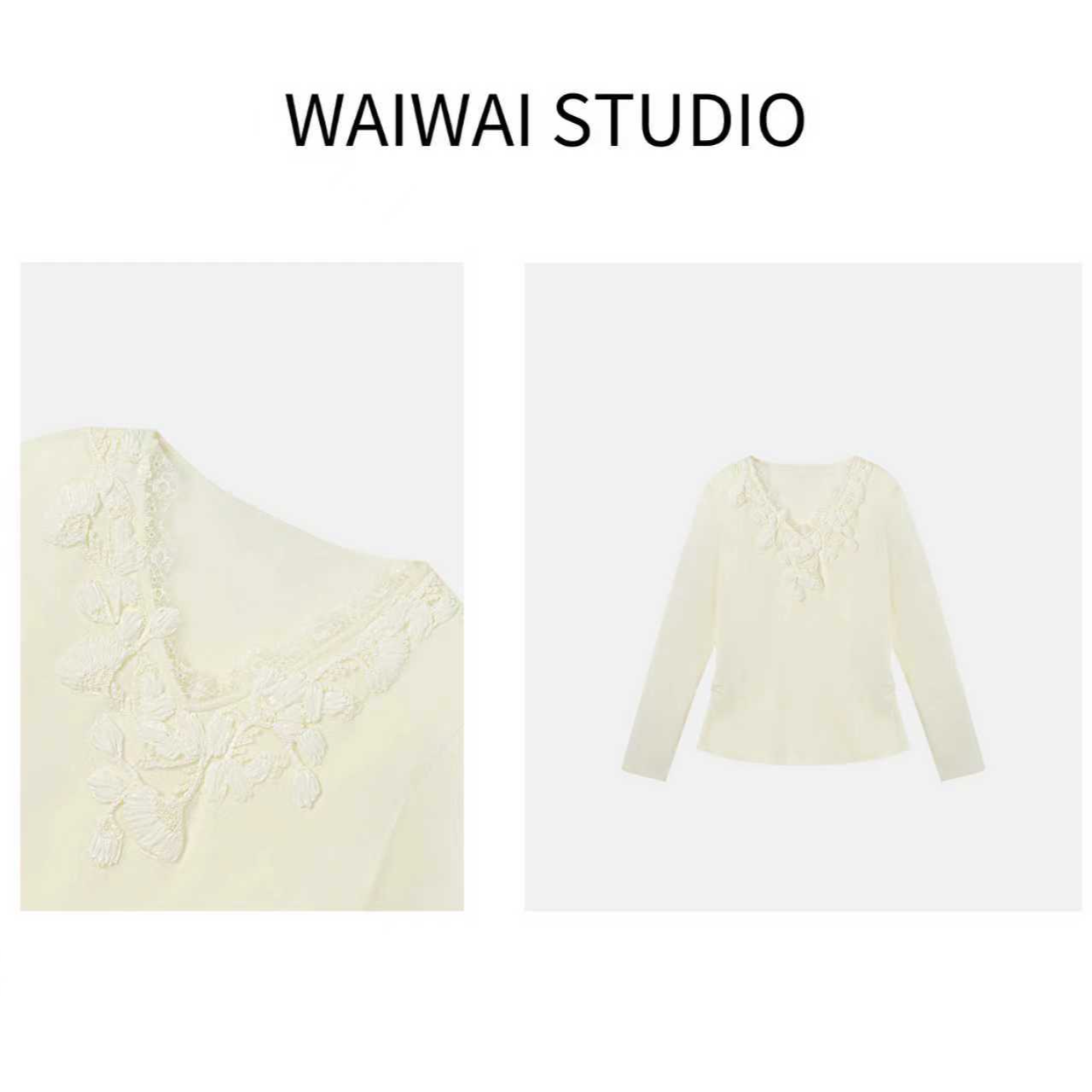 【日光】显瘦设计感温柔重工花边V领针织上衣 D54S447