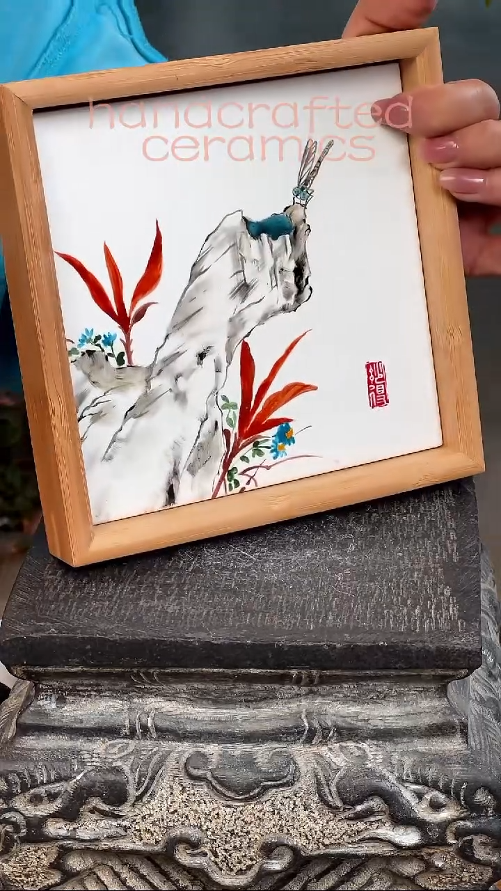 陶瓷手工釉上彩瓷片竹木茶盘