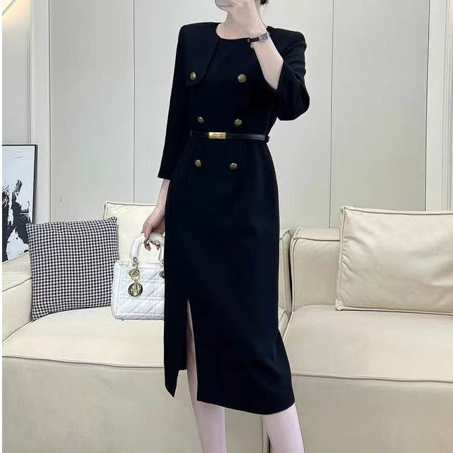 设计感西装圆领复古黑色时尚女士连衣裙女冬季新款内搭收腰修身