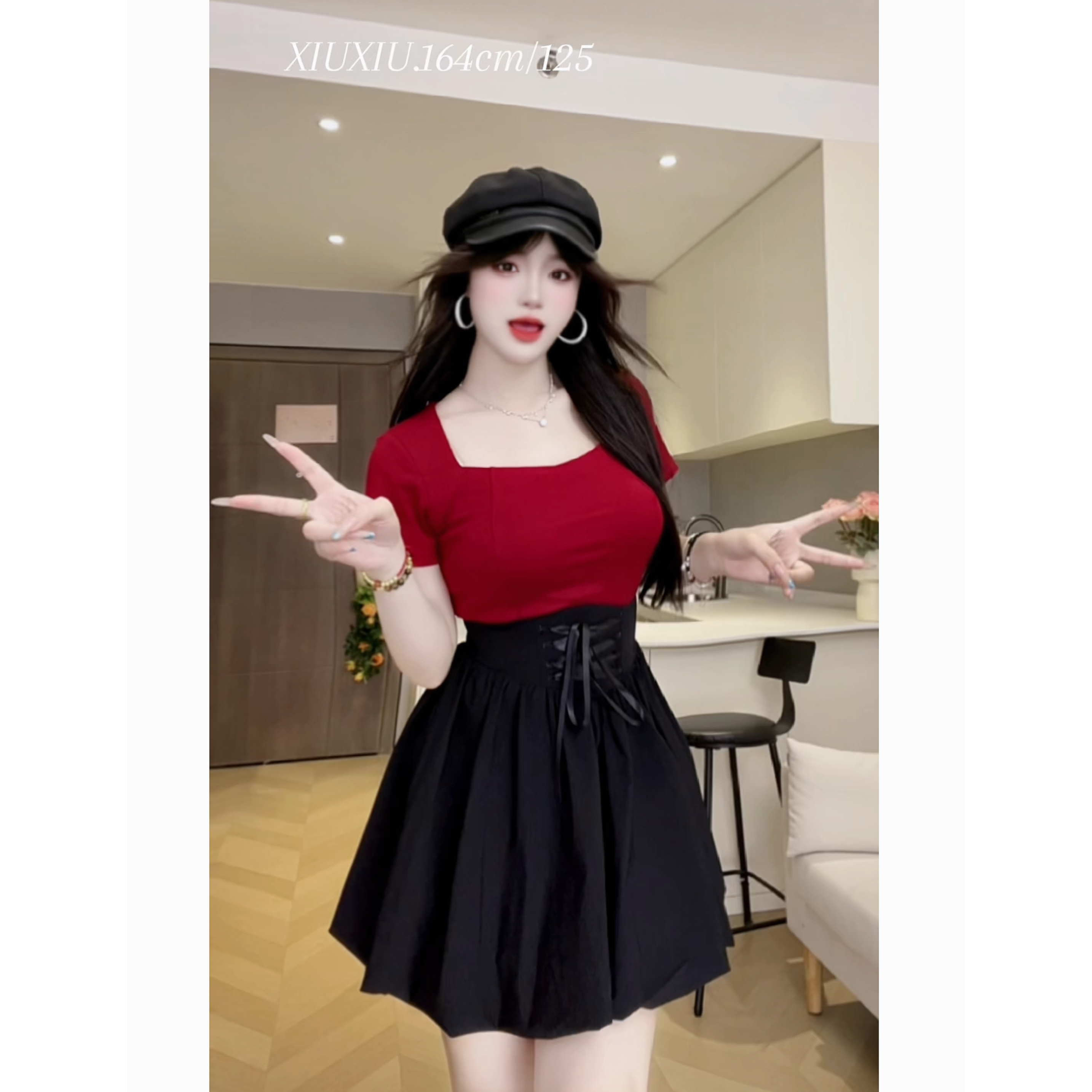 【马德里街】9758微胖纯欲修身短袖上衣辣妹束腰抽绳设计鱼骨花苞裙