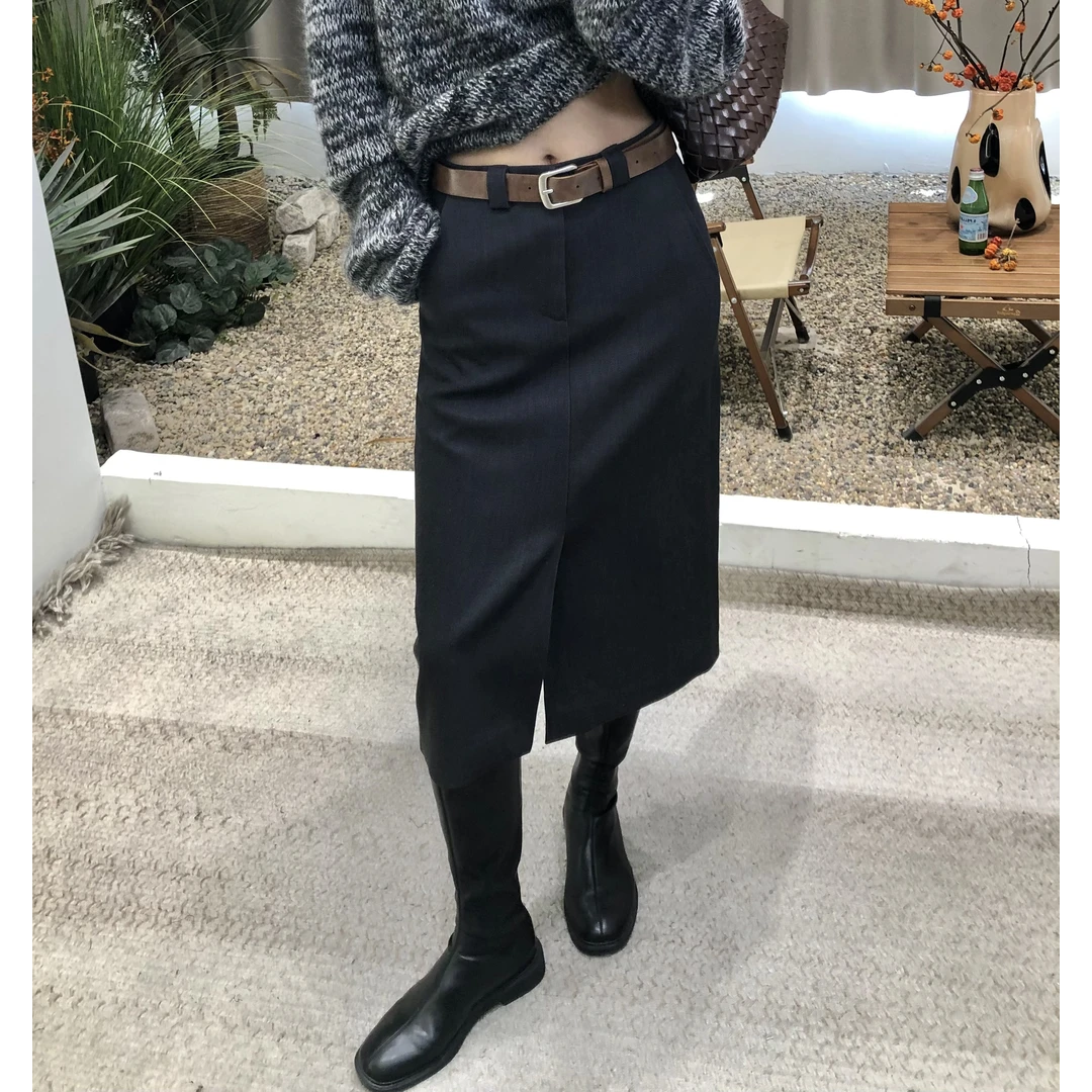 静奢风高智通勤感含腰带前开叉极简剪裁西装半身裙铅笔裙显瘦气质