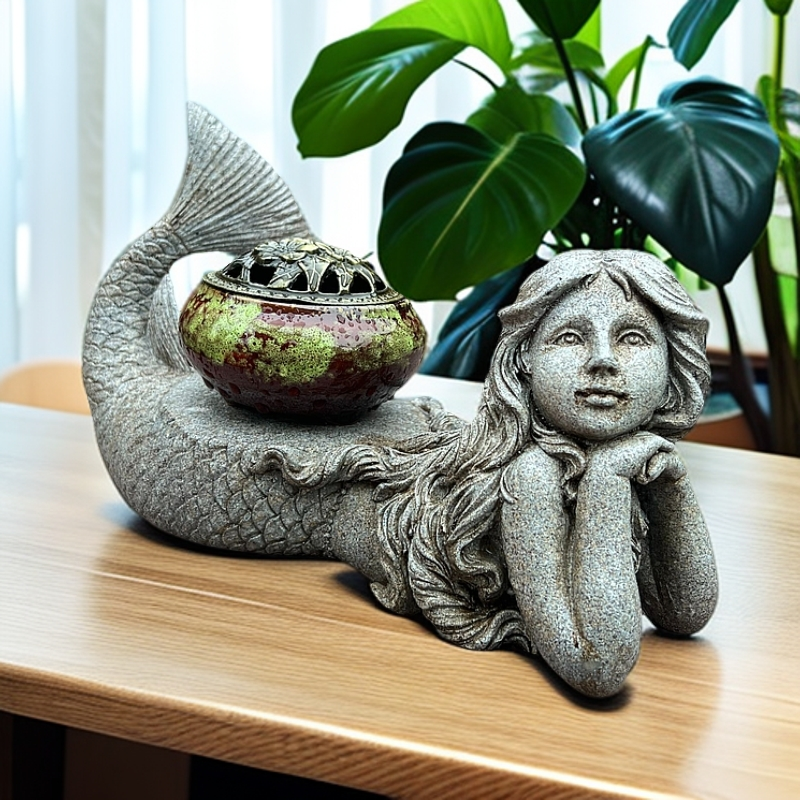 复古仿石美人鱼底座禅意摆件家居办公室茶室民宿庭院花园别墅装饰