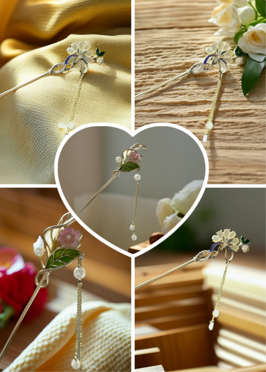 绝美贵族风桃花绿叶流苏发簪簪子好搭配服饰发型写真拍摄上镜出片