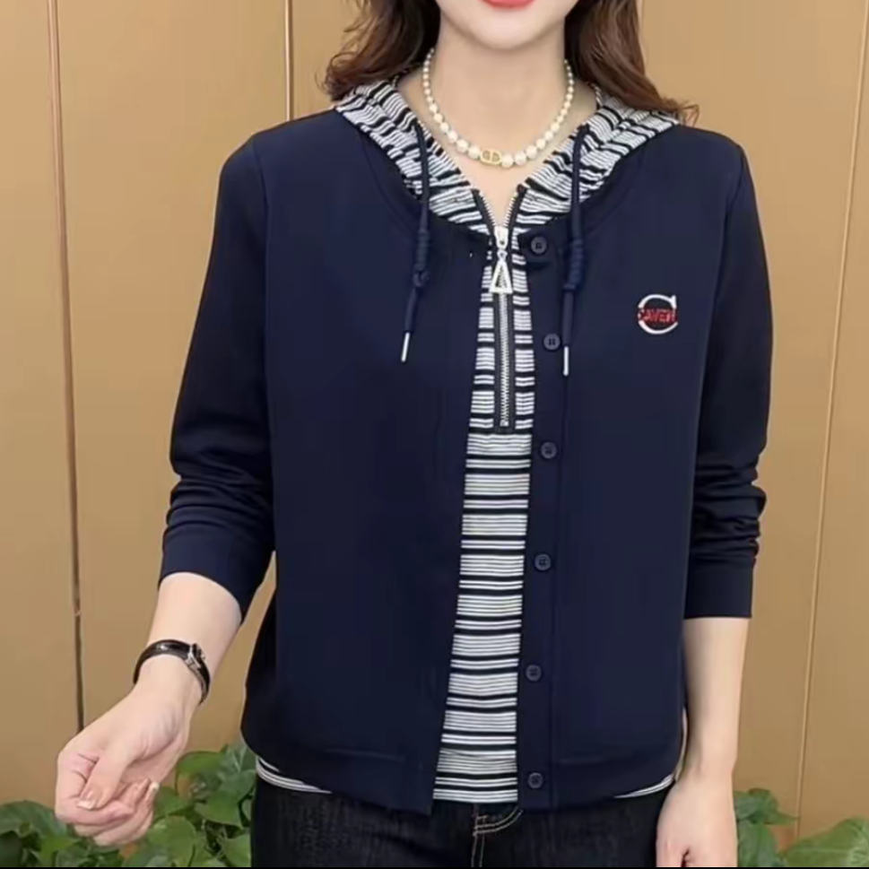 【运费险】秋季新款时尚连帽假两件设计感条纹印花洋气百搭长袖卫衣