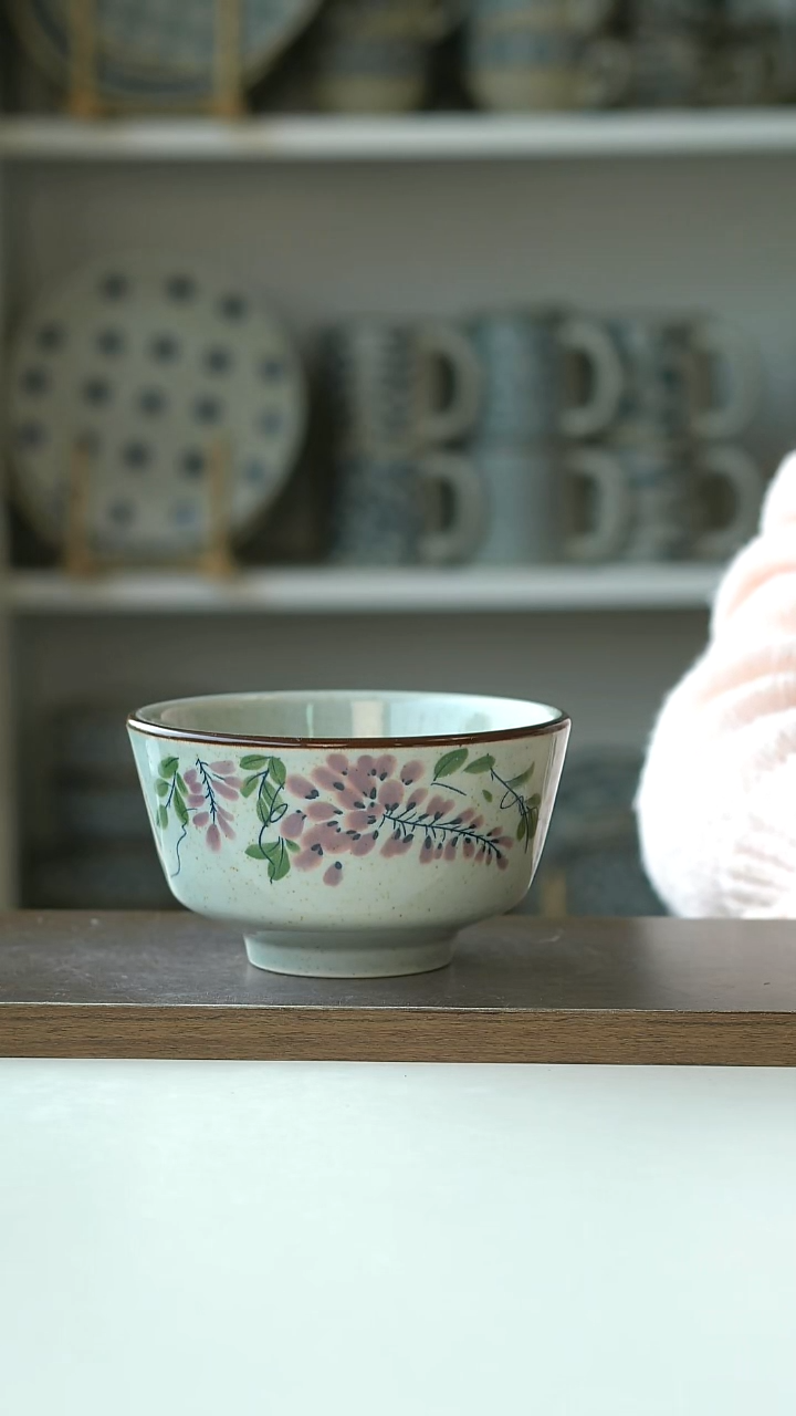 陶中式复古紫藤絮语高脚碗12.5cm@4-2@微瑕