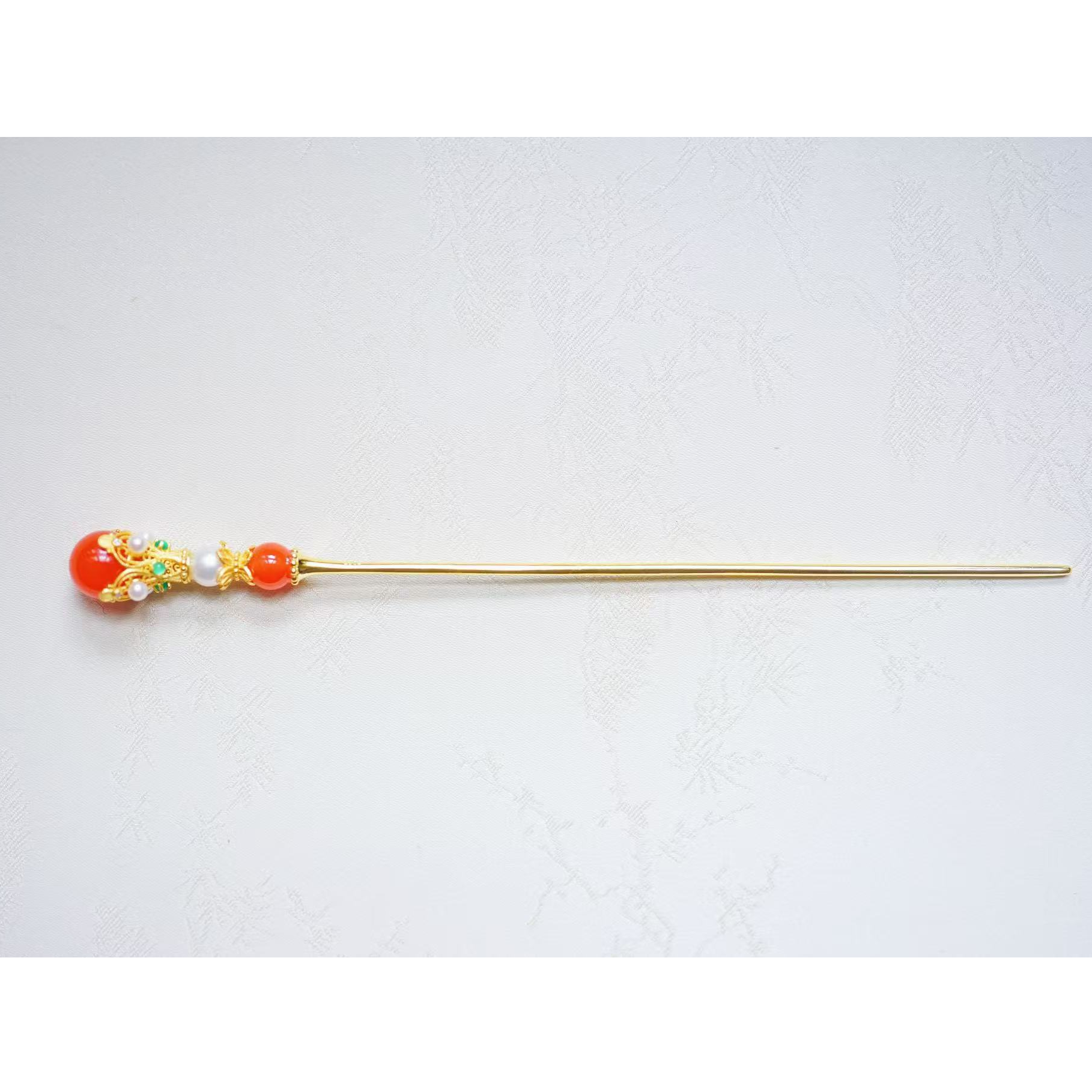 衣锦媚行美人泪 925银镀金镶南红玛瑙珍珠发簪FZ658