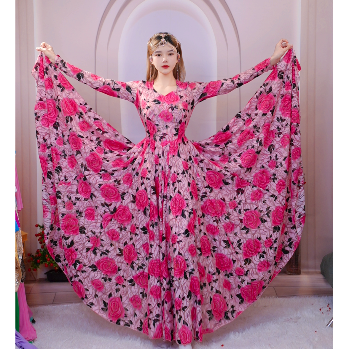 新疆舞蹈新款长袖《粉红玫瑰》连衣裙新款时尚百搭修身720