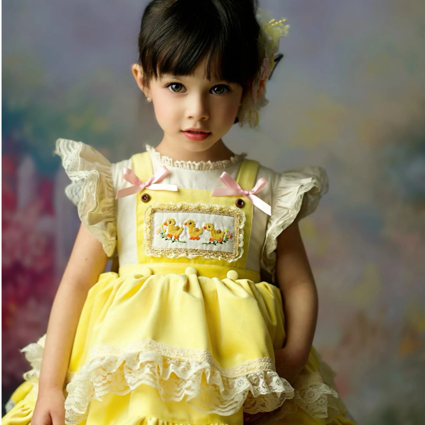 jannybb小黄鸭手工绣花女童连衣裙蓬蓬裙宝宝儿童日常甜美公主