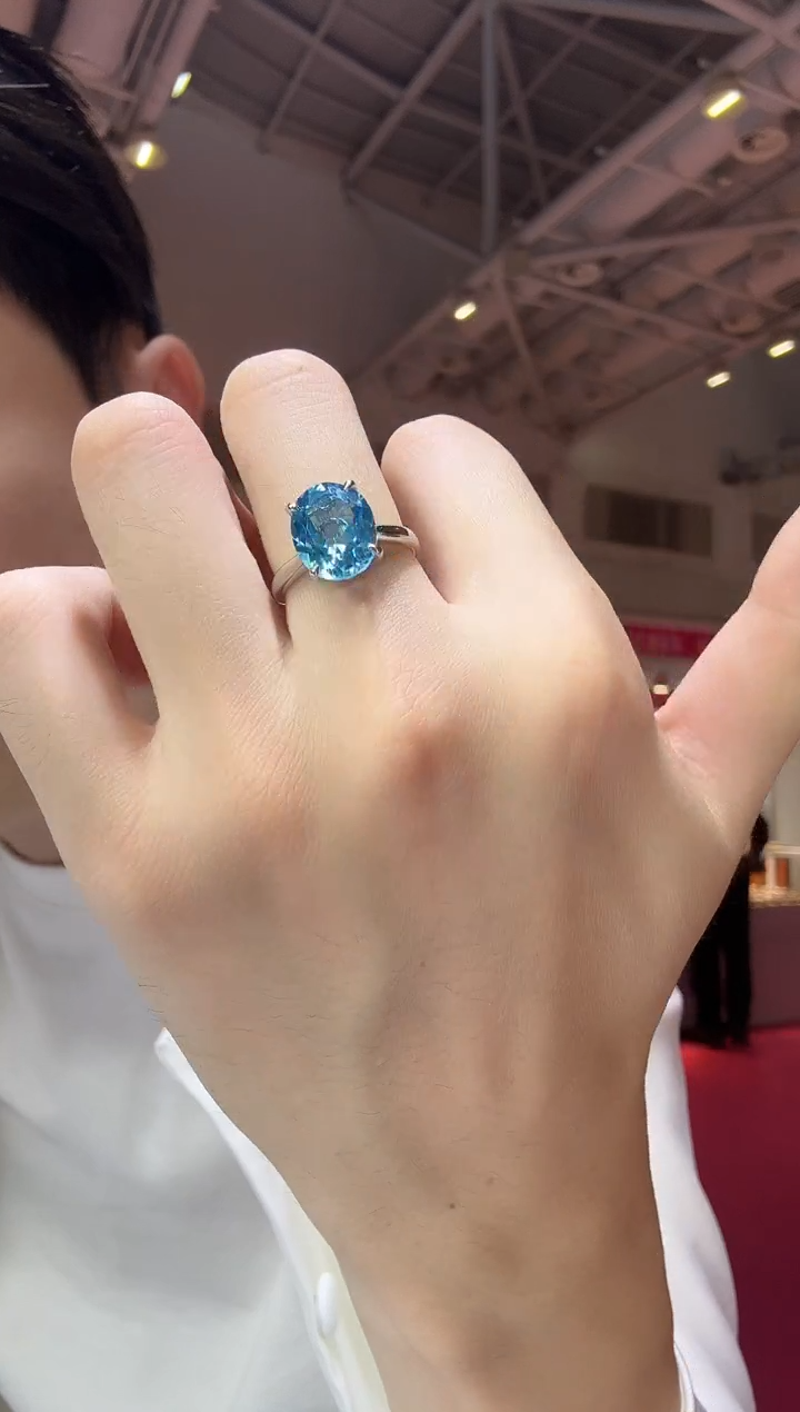 银S925镶嵌戒指托帕石12*10mm妖姬蓝