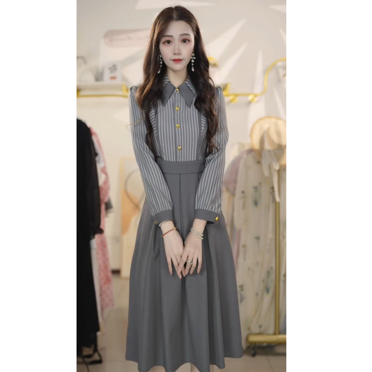 2025秋季新款假两件长袖连衣裙女气质条纹拼接中长款裙子Y548121