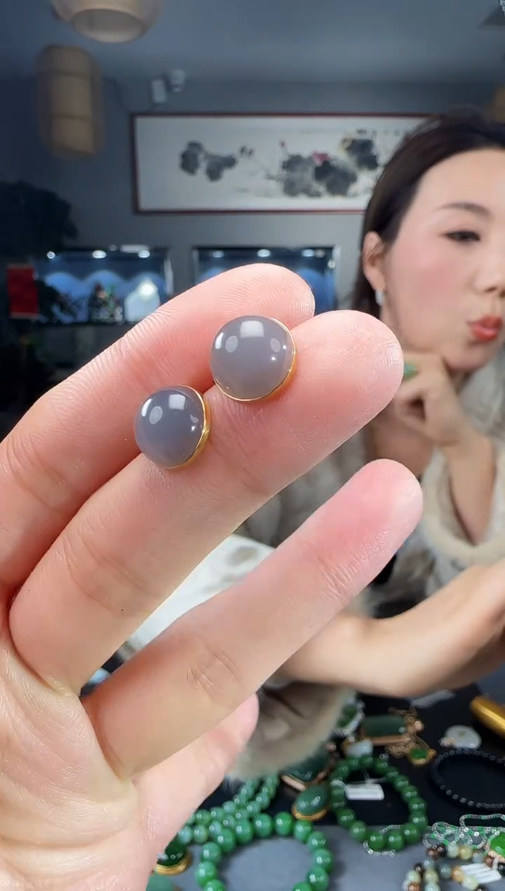 【闪购商品】和田玉耳钉18K金镶嵌1