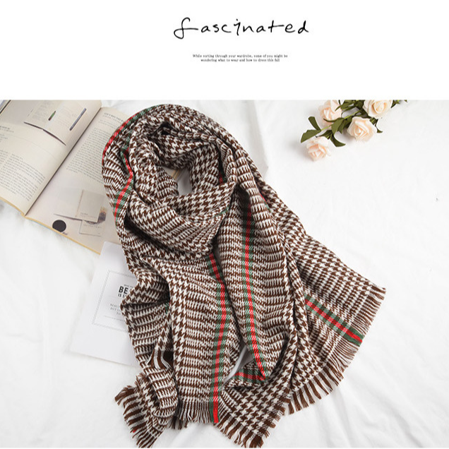 2025经典复古新款拼色千鸟格围巾秋冬女披肩保暖双面