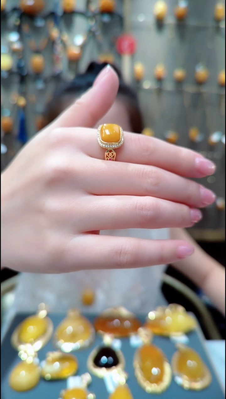 蜜蜡银S925镀金镶嵌戒指﹣B667蜜蜡戒指