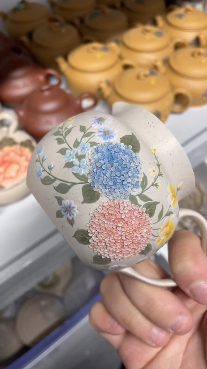 茶壶紫砂白玉段绣球花公道