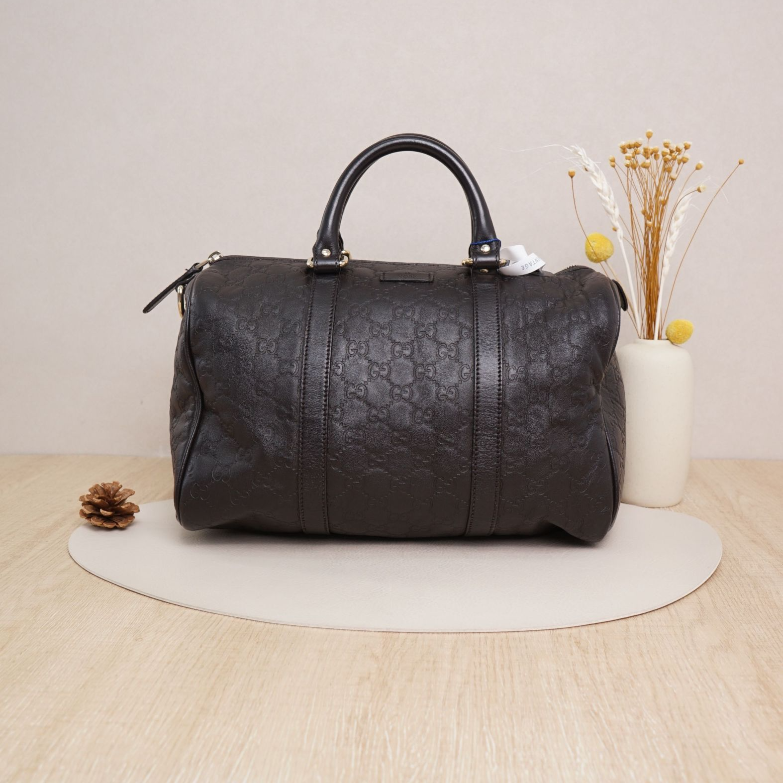 95新 GUCCI/古驰 古驰波士顿手提包深巧克力色牛皮/DS044215