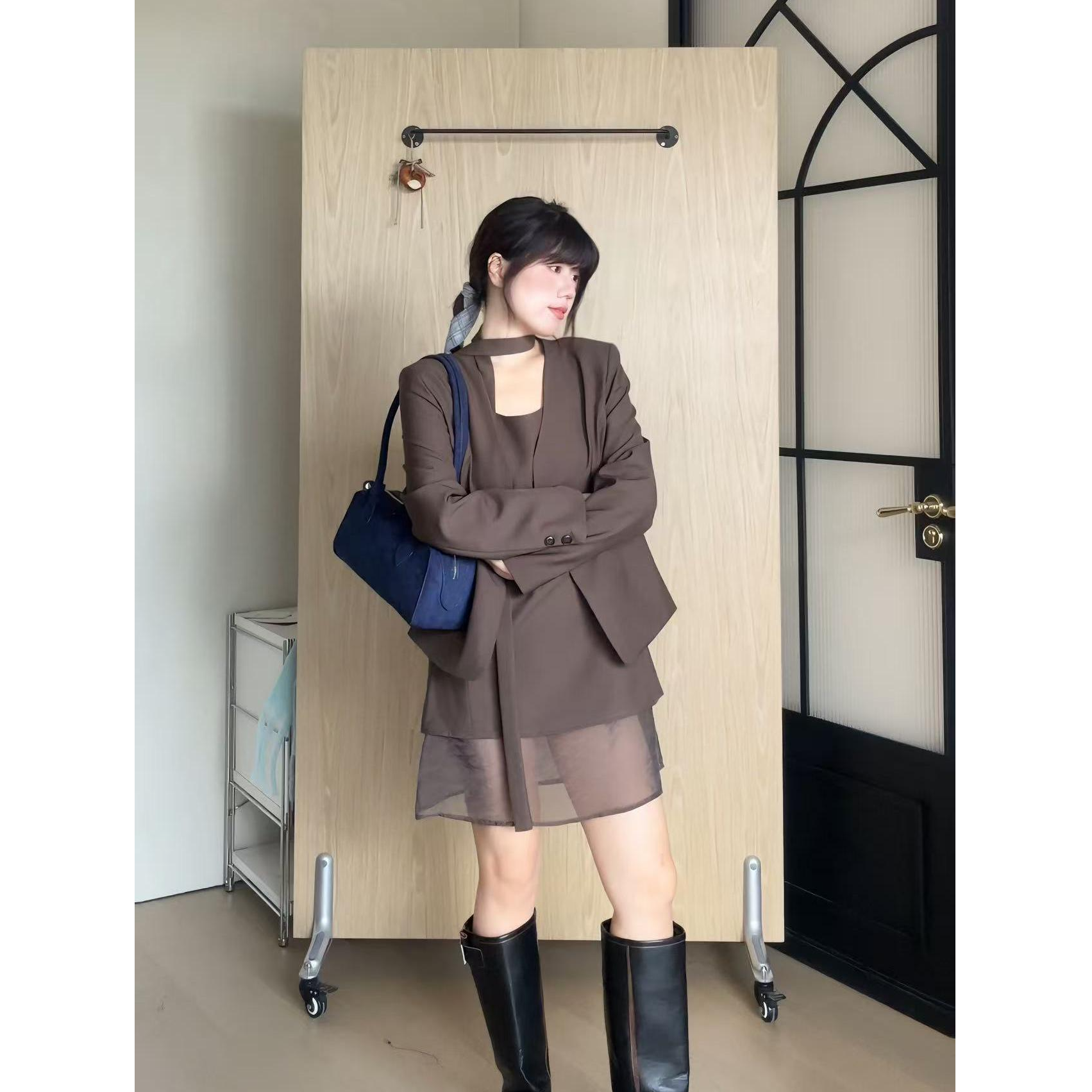 米米子定制辣妹风法式宽松西装吊带裙时尚套装显瘦气质秋季新品女