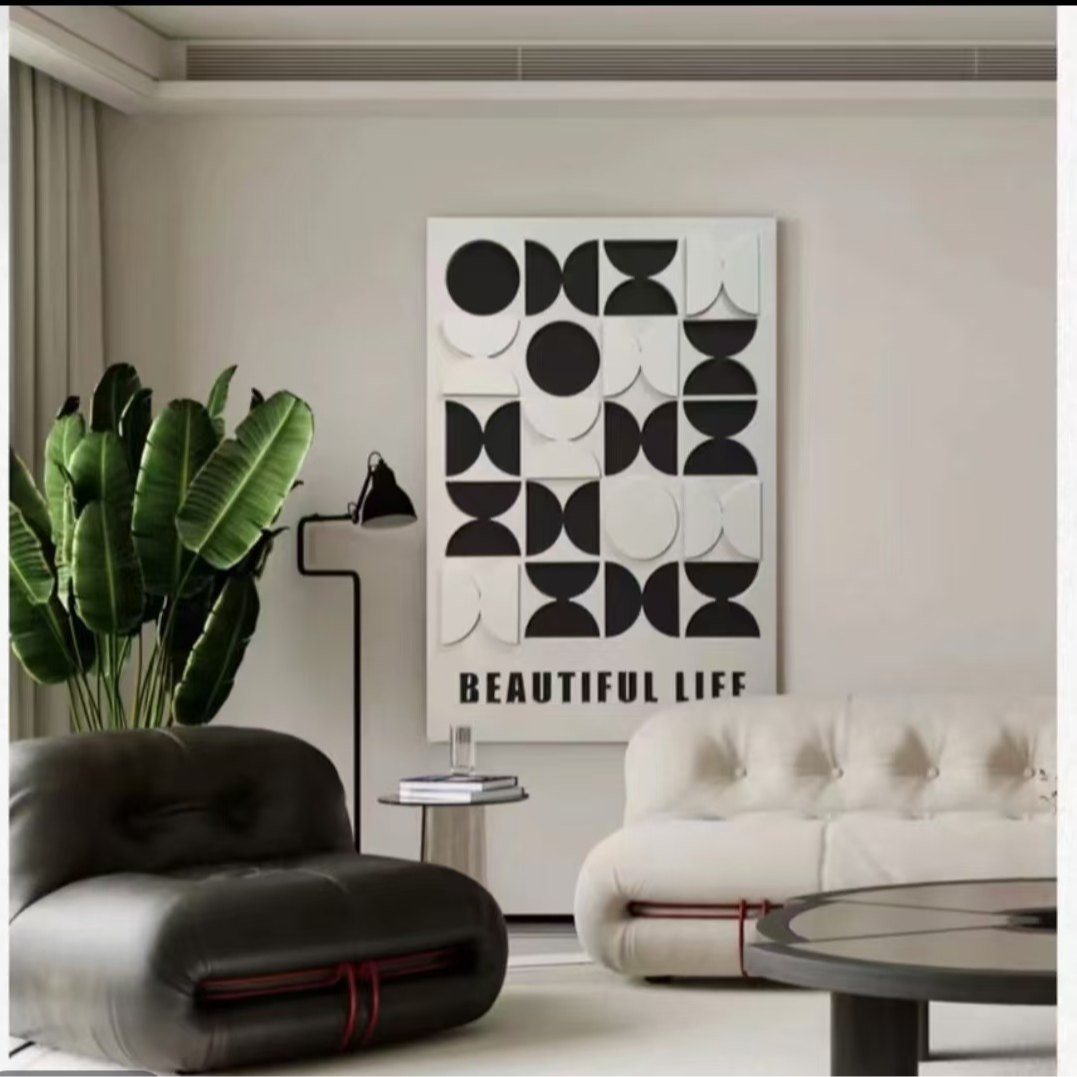 创意立体实物手工砂岩几何挂画抽象黑白高级感客厅入户挂画80120