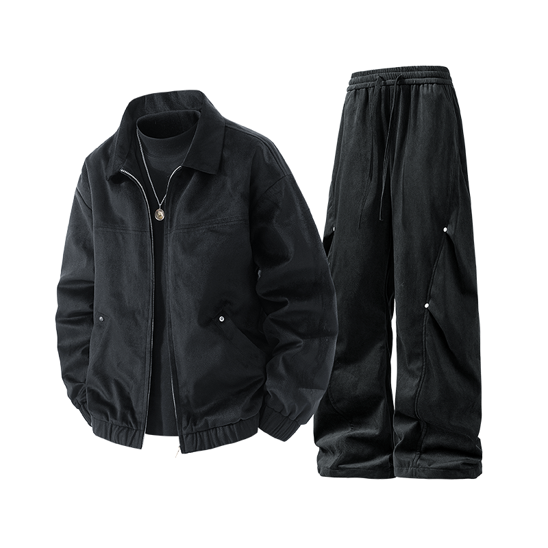 男冬季褶皱免烫保暖工装裤套装休闲百搭潮流四季宽松抽绳