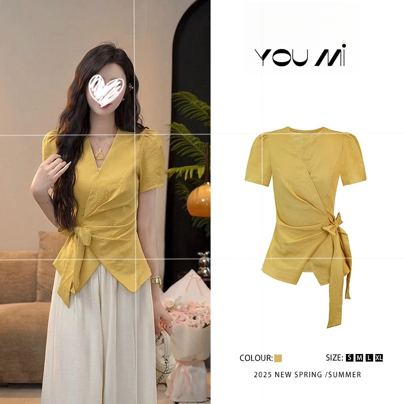 【星落花海】夏季新款洋气时尚V领短袖不规则衬衫1429