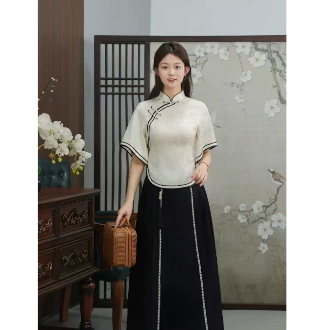 2025夏季新款国风新中式盘扣旗袍两件套装裙#2552【衣长52裙长84】