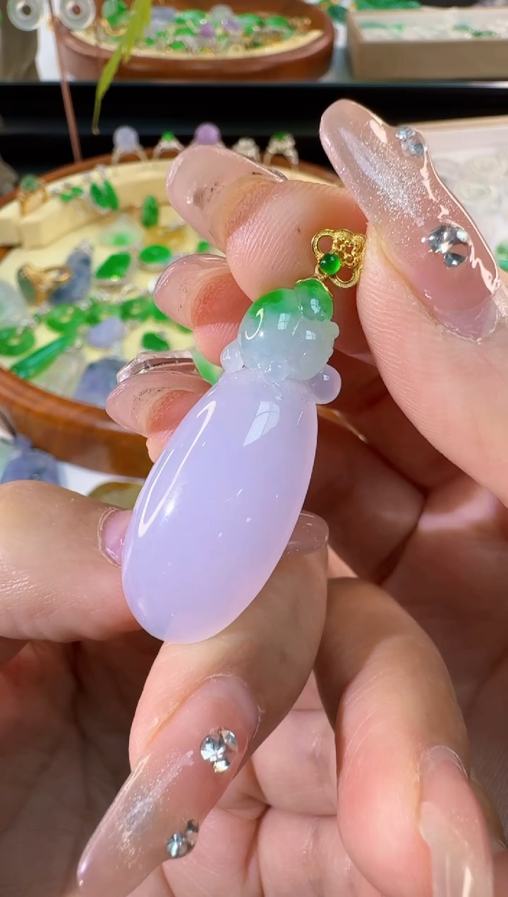 【闪购商品】翡翠颈饰18K金镶嵌缅甸A货翡翠春彩吊坠