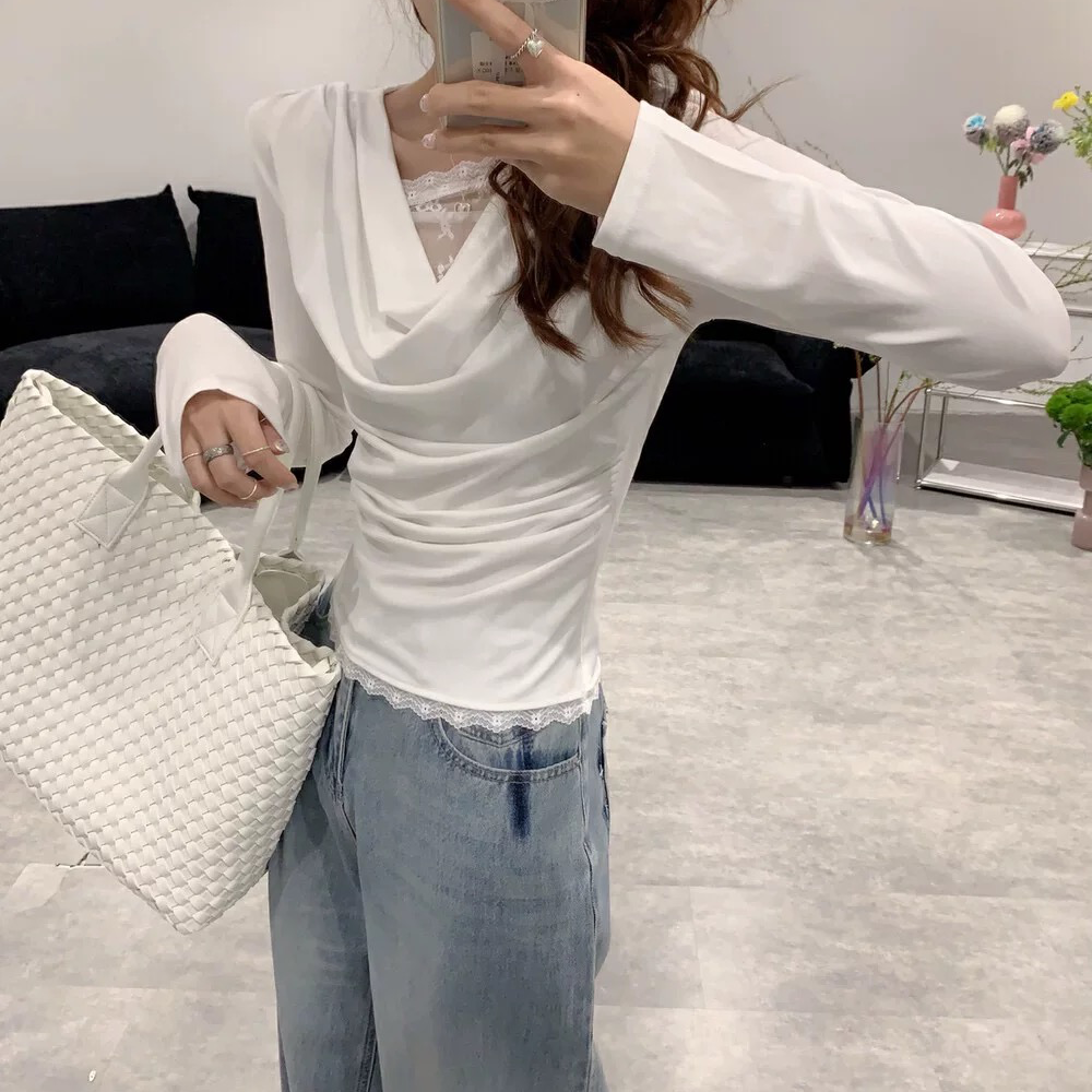 长袖蕾丝V领T恤锁骨显瘦拼接上衣韩版网红秋季春季修身时尚