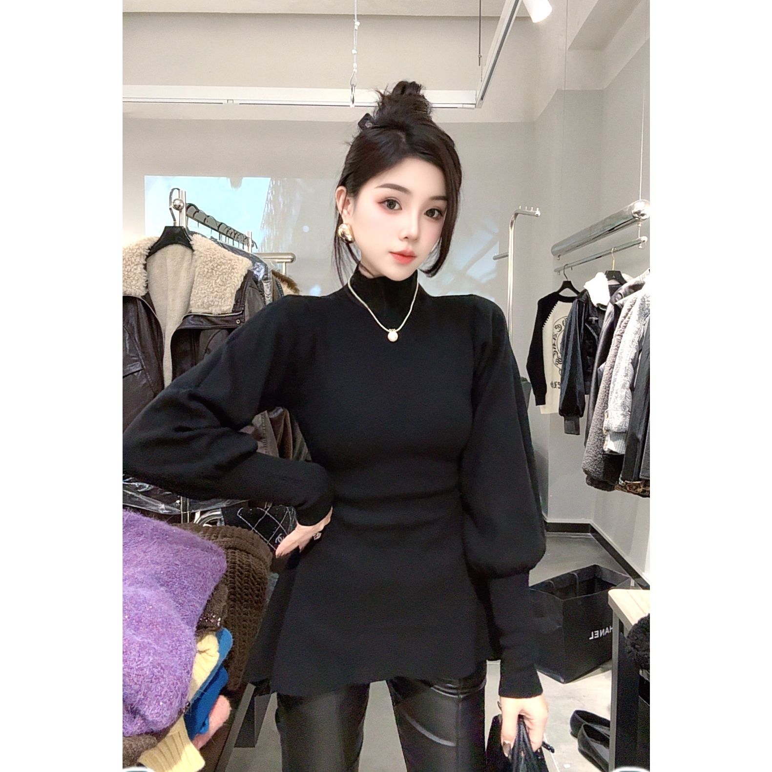 韩版秋冬毛针织衫中长款保暖长袖针织衫针织灯笼袖女 SY0201