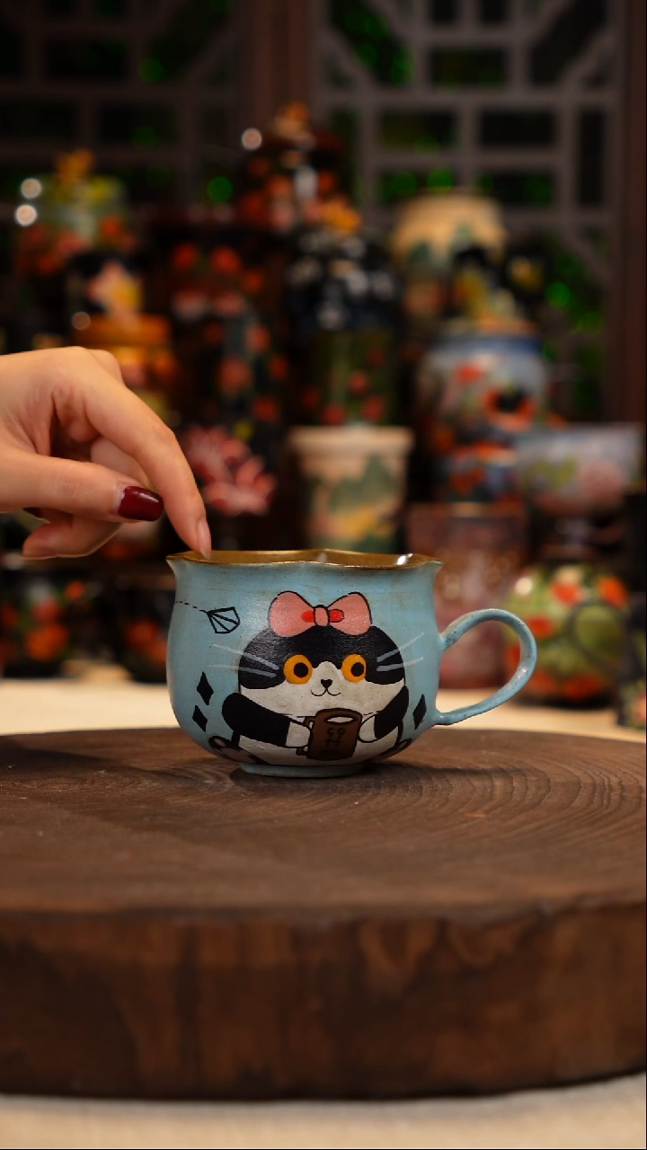 油画  手绘釉下彩脏脏杯