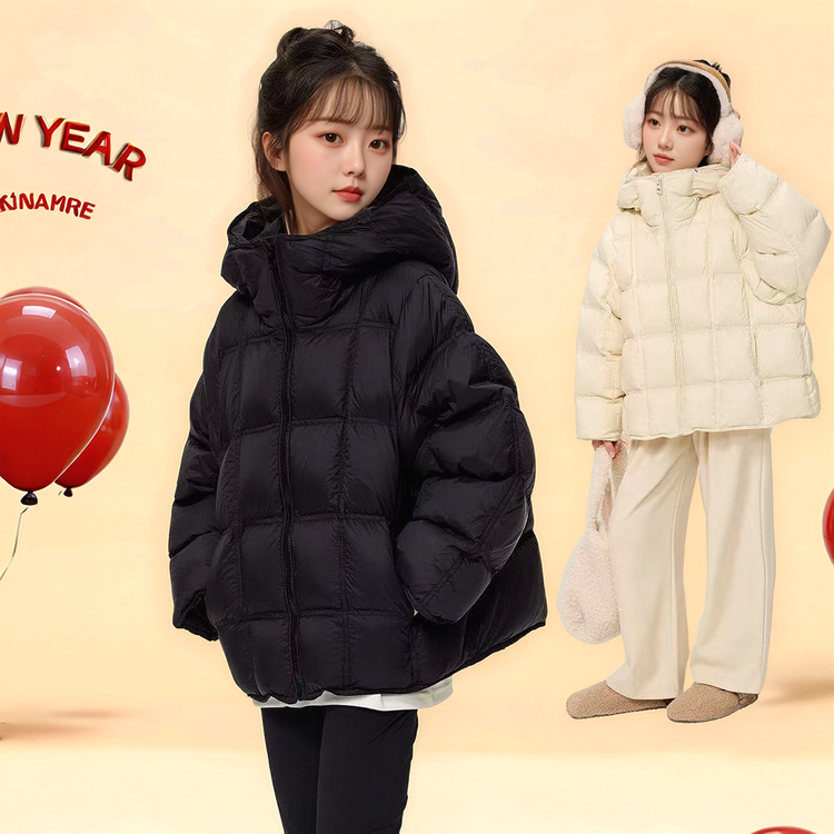 女童中大童冬季韩版时髦洋气加厚保暖极简百搭泡芙格连帽羽绒服潮