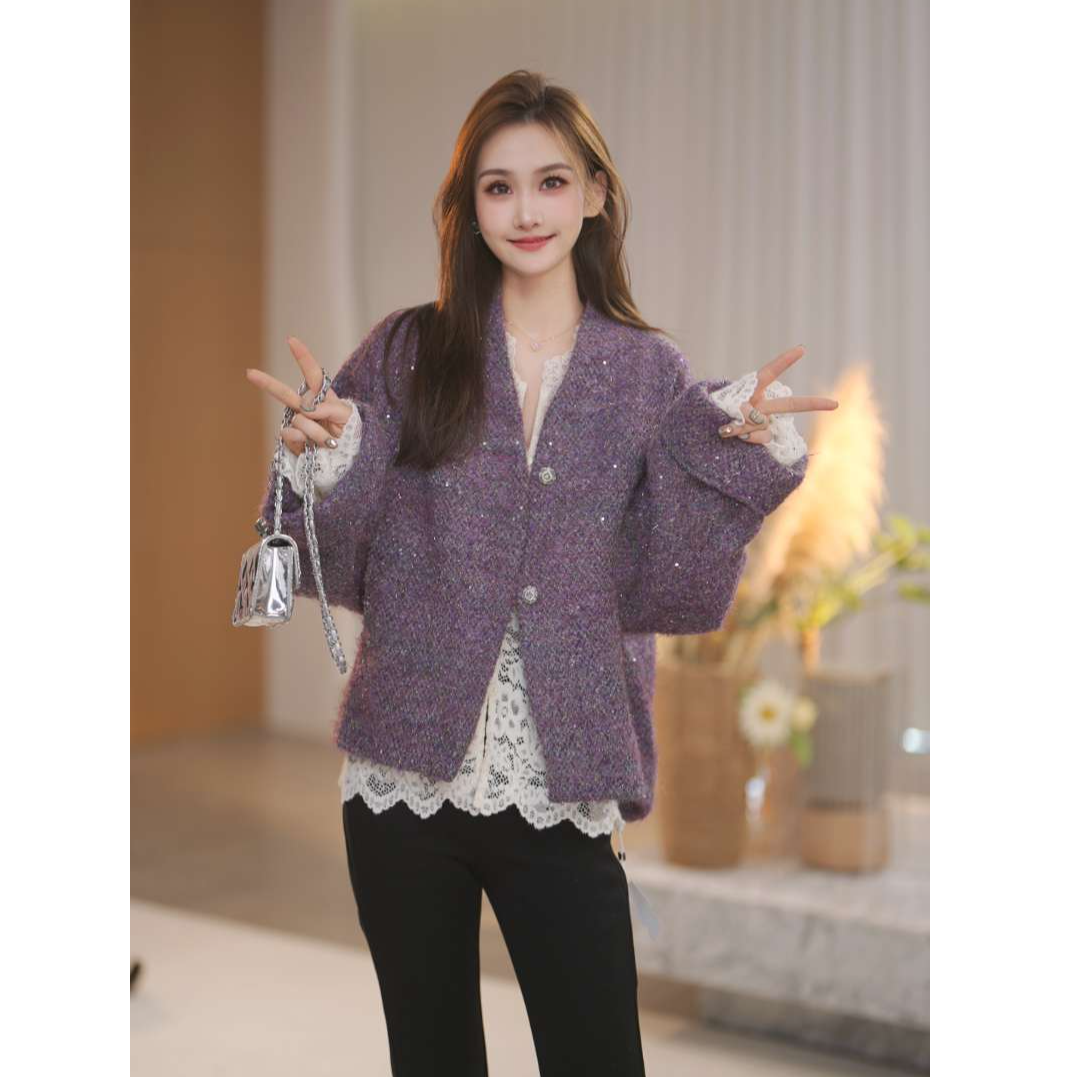 薰衣草 【Shaw Eleven】2025秋女新款厚版宽松亮片小香外套X55513