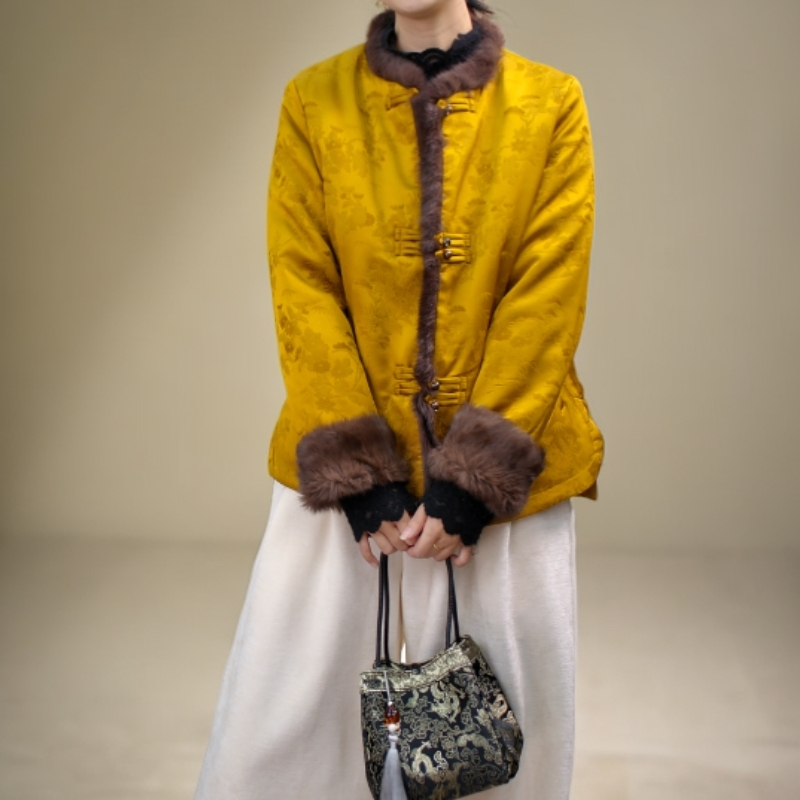 【花眠】百搭厚款直襟中国风长袖半开领印染圆领上衣新中式外套