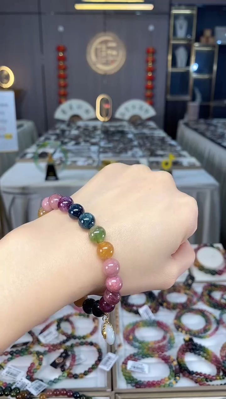未镶嵌老矿碧玺彩虹单圈手串9mm+碧玺dan多样性发一条