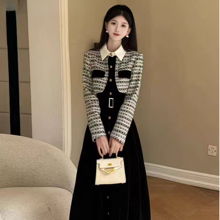 （80-160斤）格子小香风连衣裙新款御姐穿搭巨好看的假两件长裙6001