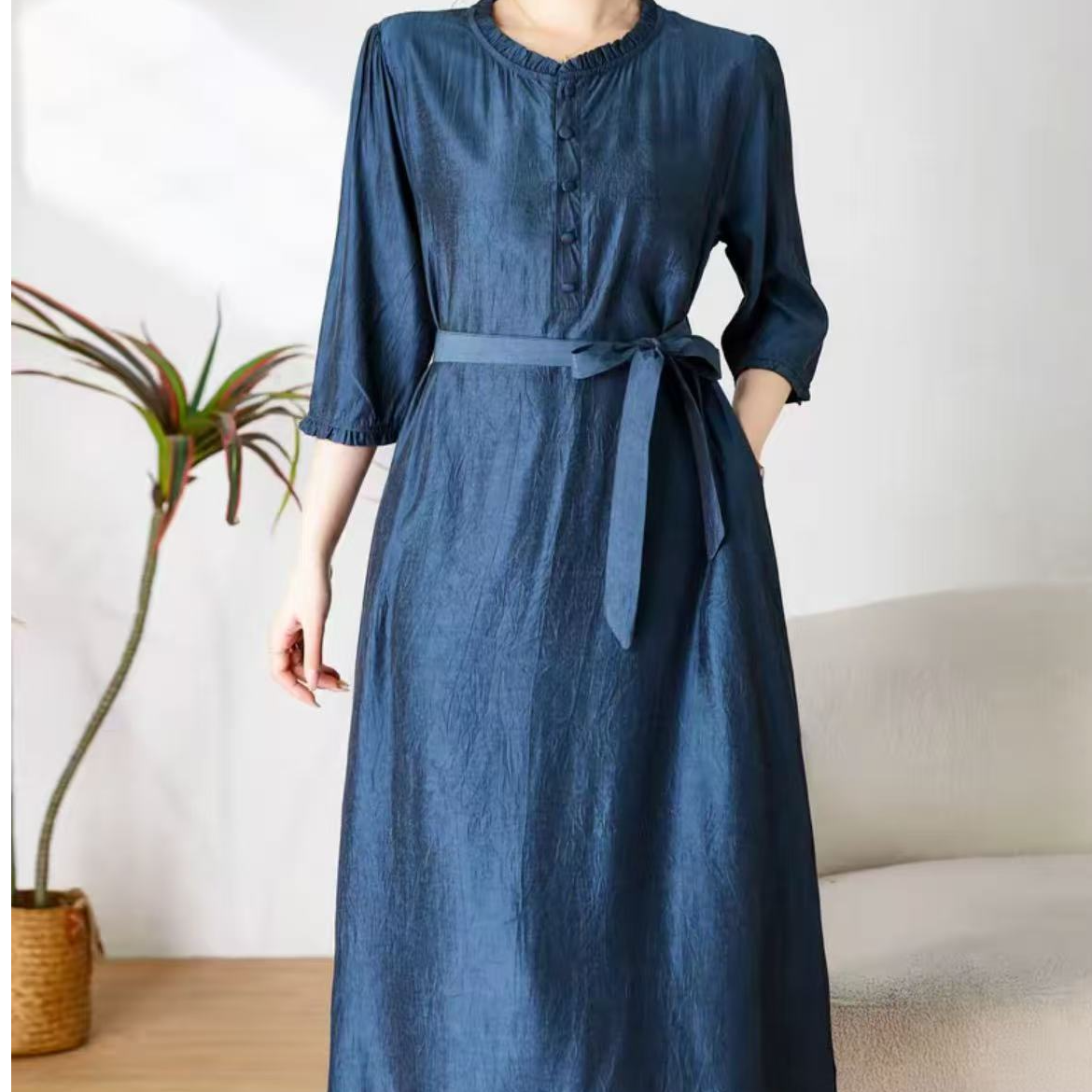 708【蓝图】时尚百搭气质洋气夏季连衣裙复古 宽松收腰遮
